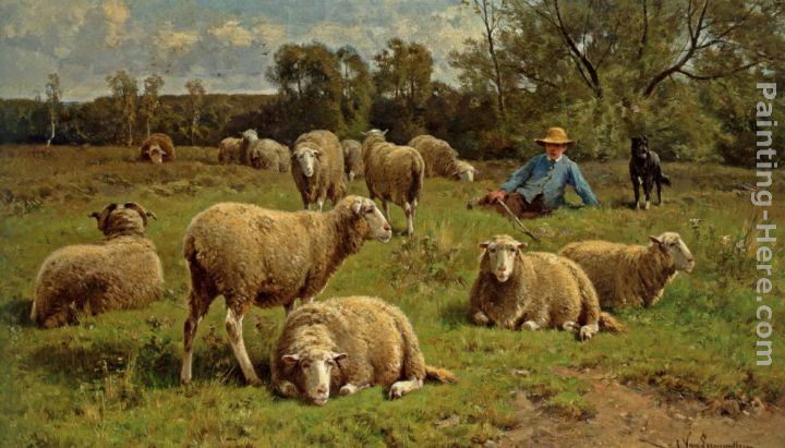 A Shepherd and His Dog Guarding a Flock of Sheep painting - Cornelis van Leemputten A Shepherd and His Dog Guarding a Flock of Sheep art painting